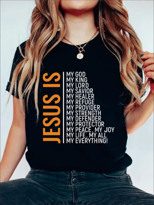 Jesus Is My God Graphic Print Solid T-Shirt, Crew Neck Short Sleeve Casual Top For Summer & Spring, Women's Clothing