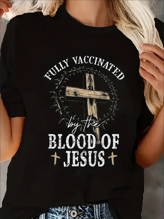Women's Fully Vaccinated Blood Of Jesus Funny Print Crew Neck Short Sleeve Graphic T Shirts Loose Casual Tops Tee